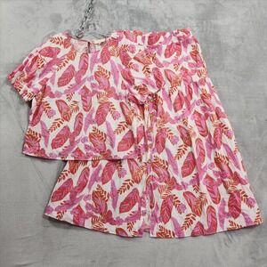Mellóday Top Skirt 2 Piece Set Womens L Pink Tropical Linen Blend Floral Summer